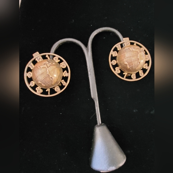 Vintage Brass Globe and Clock Face Clip-on Earrings Steampunk Industrial - Picture 2 of 8